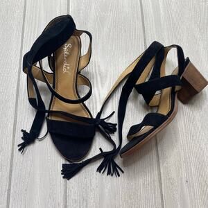 Splendid Women's Black Strappy Heeled Suede Tie Ankle Tassel Sandals Size 8